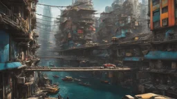 Water-level view of buildings made of reused dirty rusty metal on a futuristic canal junction, cyberpunk, many painted colours, flying boats, balconies, bridges, people, shopping, eating, walking, fifth element, ghost in the shell, altered carbon