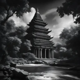 black and white dark black theme version temple trees and river
