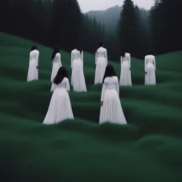 a group of women standing on top of a lush green hillside, inspired by Ren Hang, design milk, long black hair, whites, wanderers traveling from afar, trending on artisation, cloning spell, coat pleats, in twin peaks, submarine, by Helen Thomas Dranga, symetry, round-cropped, noire photo