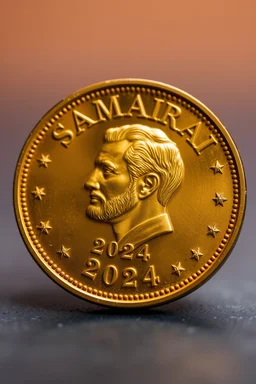 view of the word, Samarrrai , on a gold coin ,with picture of , man head , 2024 , Sam ,in the middle of the coin.