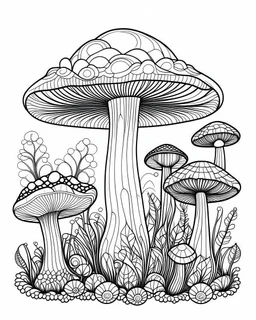 mushroom world minimalistic landscape. line art, background, vector, svg, coloring book page style, black outline on white background