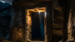 huge illuminated doorway in a rock wall in the side of the mountain