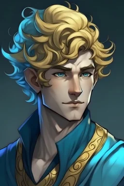 create a male water genasi from dungeons and dragons, golden short curly hair, dark blue eyes