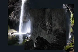 Epic fantasy digital painting of two robed figures, reminiscent of Dante and Virgil in the style of a Gustave Doré engraving, journeying on a perilous stone path carved into the wall of a vast, subterranean underworld. A majestic, luminous waterfall cascades from a sunlit hole in the cavern ceiling, its spray catching the divine light. The rest of the cavern is lost in deep, moody shadows, creating intense chiaroscuro. Moss-covered rocks glisten on the far side of a dark, still river.