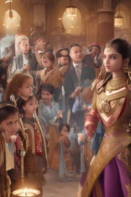 Opening shot: A noisy public place with a small and tense crowd gathered around Dr. Shumukh, a 10-year-old girl, a fierce and confident business leader Arabian style