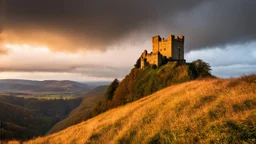 huge ruined castle in the distance overlooking a valley, on a cliff top, warm-toned stormy clouds