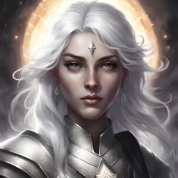 Generate a dungeons and dragons character portrait of the face of a female cleric of peace aasimar blessed by the goddess Selune. She has black and white hair and is surrounded by holy light