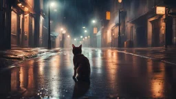 Night on a wet street of a city with lights, a cat far away stands on the pavement