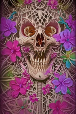 Elaborate skeleton lattice with multicolored blooming alien flowers growing through it.