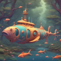 A 3dhd whimsical stylized fractal recursive gothic majestic colorful submarine, large fish, and deer are in the forest. A small submarine glides through a forest. Fish swim among the trees. A puzzled deer watches