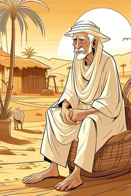 Old man, Arab, turban, white clothes, cattle, desert, council, sun, palm trees, mud houses, holding a stick, looking forward, a very slight smile.cartoon,Sitting on a chair