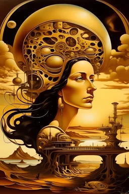 mechanical women, fourth dimension , space , hydraulic machine, sunrise , salvador dali style