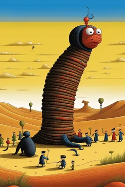 giant worm with pepe on the top smoking in the desert with small people around n the style of Hiroshi Nagai