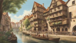 medieval buildings with balconies overhanging a river, blue sky and people, photorealism, trees, foliage, piers, ultra-sharp image, sharp focus