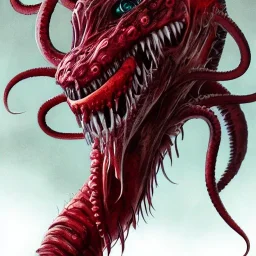 red, monster, tentacles, teeth, horror, detailed, realistic, gore, eyes, 4K, fantasy, scary, demonic, hyper realistic, huge, blood