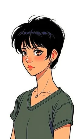 Relaxed and Stylish Anime 90s , short black hair