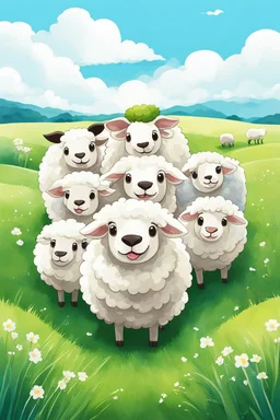 create an image with 4 cute sheep with the typography, happy face "ovelhinhas da fé", 2d, cartoon style, chibbi, kawai, a green field and blue sky in the background, watercolor