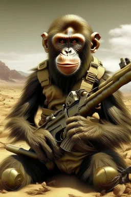 Show me angry monkey, but this monkey has in left hand AK - 47. This monkey is on the Mars and around this monkey is field of corn.