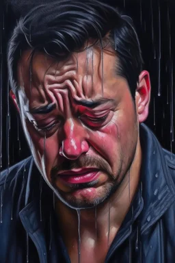 a man crying in rain oil painting