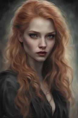 Vampire, eye candy Alexandra "Sasha" Aleksejevna Luss oil paiting style Artgerm Tim Burton, subject is a beautiful long ginger hair female vampire