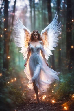 Beautiful Angel in Magical Forest full of lights colors, Photography Art Photoshoot Art Cinematic Soft Blur Colors - on Running Dramatic Pose