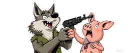 wolf biting butt of scared pig general pointing uzi gun up into the air, stupid cartoon, airbrush and pen outline