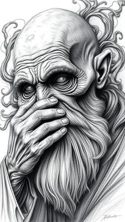 ππ§π€π’π₯π© highly detailed graphite illustration, A surreal old woman figure with exaggerated anatomical features, heavily wrinkled skin, and an intense, contemplative expression. bald head, thick eyebrows, long beard merge into swirling abstract shapes. Large, expressive hands, one covering the mouth and the other gripping the forehead tensely. Mysterious, introspective, dreamlike, somewhat dark fantasy. #ππ§πart #prompt