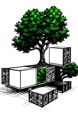 Metabolism concept sketch, black and white and green, Tree truck empty as a circulation red line- top of the trees as a cubes