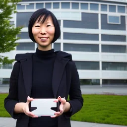 A short haired, Japanese-American female software engineer taking a selfie in front of Building 92 at Microsoft in Redmond, Washington