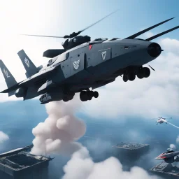 [wii No More Heroes style with thick lines] the helicopter version of the Macross iconic VF-1S Valkyrie in live-action, launching smart bombs with tracing smoke while flying