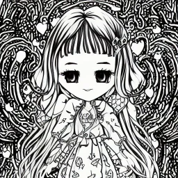 kawaii style coloring page, a cute adorable girl with a long adorable hairstyle with big cute kawaii eyes, fantasy, magical, mystical, unusual, black and white, wavy lines, coloring book page for kids, crisp thick lines and outline art, isolated on a black background