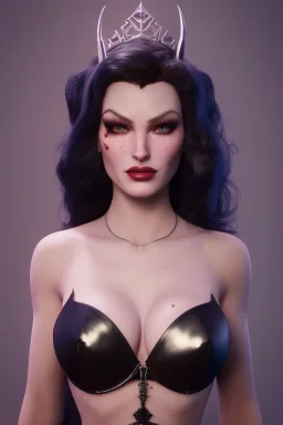 Veronica Lake as evil queen in black leather, busty, cleavage, curvy, angry, stern look. character design by cory loftis, fenghua zhong, ryohei hase, ismail inceoglu and ruan jia. unreal engine 5, artistic lighting, highly detailed, photorealistic, fantasy