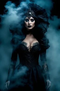 In the depths of the night, a stunningly beautiful demonic woman dressed in dark smoke gracefully through the big smoke, her every movement seeming to exude an otherworldly allure. The dark and mystic atmosphere is heightened by the smoky background, creating a surreal and hauntingly beautiful scene. The dark colors of her dress blend seamlessly with the fog, making her appear as if she is a part of the very air itself, detalied, fantasy