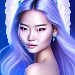 portrait of a beautiful mongolian woman with an angel face smiling,long blond hair, blue eyes, pink and blue dress, jewels, soft light aura