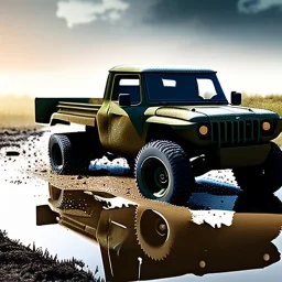 photorealistic shot, muddy military toy truck, monotone color palette, sharp focus, puddle reflection, tire water splash, refraction, mist on the horizon, shadowcast, detailed and intricate, cinematic composition, micro, tilt shift photography