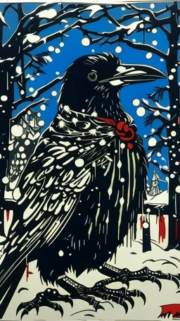 A contemporary serigraphy by Matisse of a human-like crow adorned in a punk leather jacket within a snowy Christmas atmosphere.