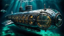 An extreme cyber steampunk glass and metal submarine in the ocean, with large of water surrounding it. The submarine bottom positioned in the center of the frame, providing a unique perspective on this streamlined high-techstructure and interior equipment underwater, high detalied, sharp focus, best shot, sci-fi mood