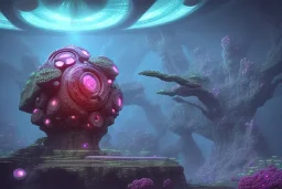 borg Cube spaceship with tentakel Coral plants growing out of it over a rocky desert with pink crystals