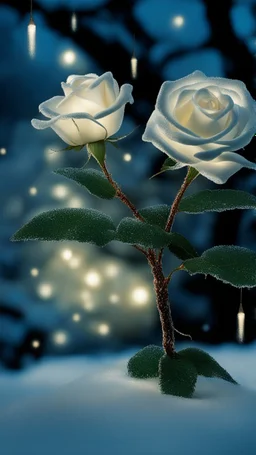 The ice tree shimmers in the light of the lights , a white rose