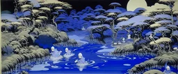 A violet swamp with yokai ghosts painted by Katsushika Hokusai