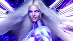 Femme galactique magnifique, yeux bleux, long cheveux blonds, commandante, souriante, en combinaison blanche lumière détails violets et bleus, faisceau lumière bleuté au-dessus de sa tête, futuriste