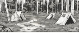 campsite, tents, overgrown, post-apocalyptic, comic book, forest, cinematic,