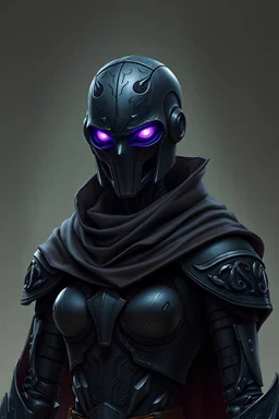 Female Warforged robotic assassin, with four slitted glowing purple eyes, no mouth, cloak, wearing dark black armor covered in runes, medieval style, dungeons and dragons