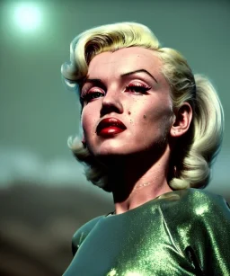 Ultra Realistic retro sci-fi 1960 scene, waist up view portrait, blonde woman, sweet young Marilyn Monroe face, perfect iris, tight latex coat, Strange planet background, Retro sci-fi tight style, sphere dron, fog, rain, soft color, highly detailed, unreal engine 5, ray tracing, RTX, lumen lighting, ultra detail, volumetric lighting, 3d, finely drawn, high definition, high resolution.