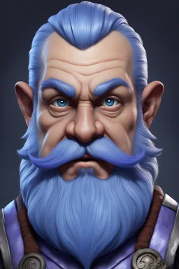 Generate a D&D character. Middle aged Deep Gnome with a horseshoe hairline and facial hair all hair is white and has lost any color. His skin is a mix between blue and purple, a rounded nose. His face must be deadpan and show no expression.