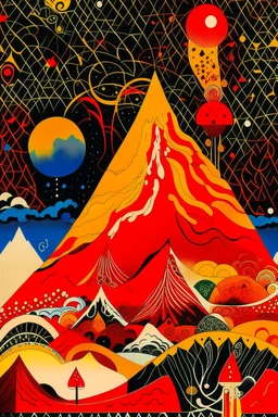 A red fiery volcano designed in Mehndi design painted by Wassily Kandinsky