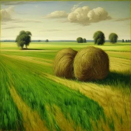 A green grassy plain filled with haystacks painted by Michelangelo di Lodovico Buonarroti Simoni