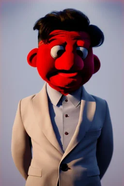 Waist up muppet Portrait, Kim Jong-un muppet doll, black suit, photo studio, red background, unreal engine 5, concept art, art station, ray tracing, lumen lighting, ultra detail, volumetric lighting, 3d.