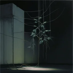 Minimal abstract oil painting of a plant in concrete warehouse brutalist architecture and hanging wires illuminated at night.In the style of Justin Mortimer and Frances Bacon