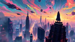 A surreal digital painting with vibrant colors and intricate patterns, featuring a futuristic cityscape with flying cars and neon lights illuminating the sky. The scene includes a mysterious figure wearing a cloak standing on top of a skyscraper, overlooking the bustling metropolis below. The suffix adds a dreamlike quality to the image, blurring the lines between reality and imagination.